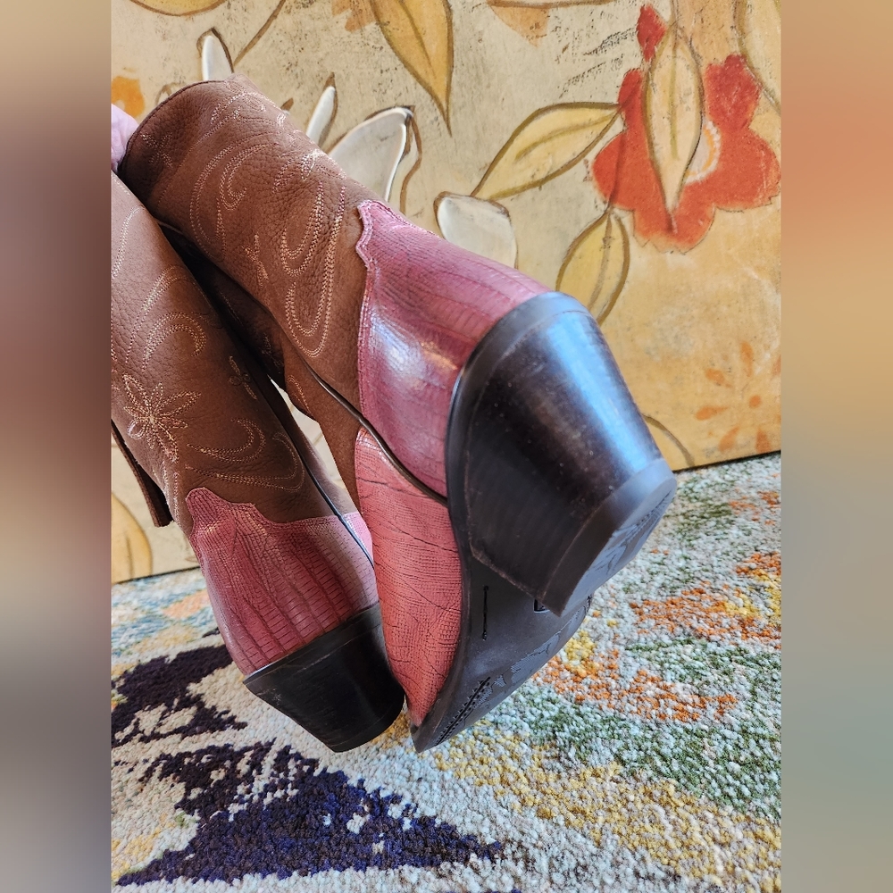 ARIAT Heritage Snip Snub Nose Brown Pink Croc Fringe Tassle Leather Boots 8.5 B - Picture 13 of 16
